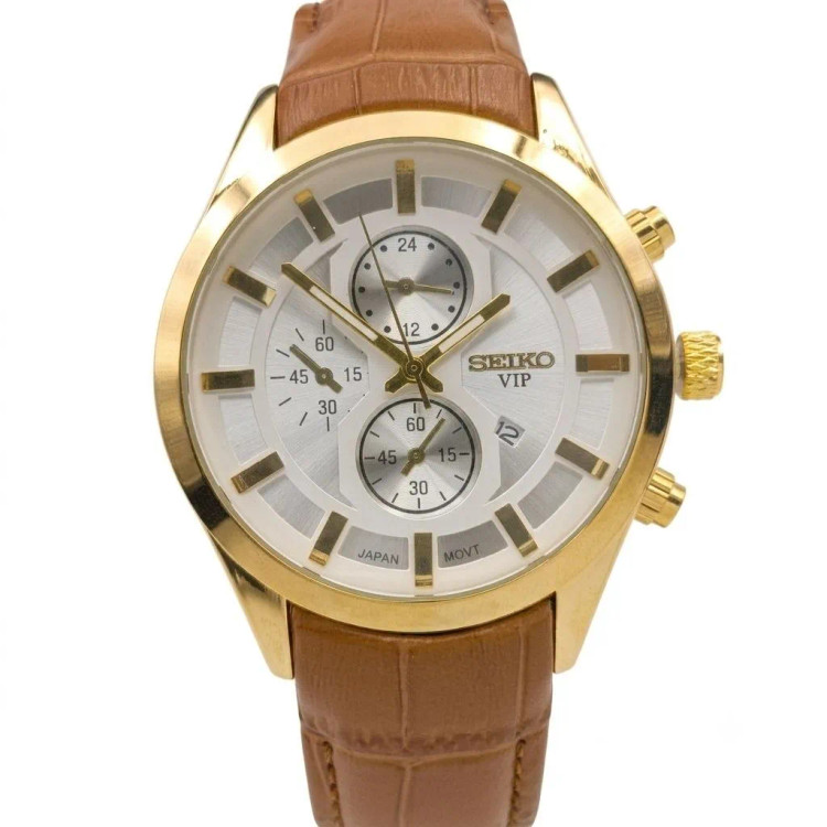 ساعت مردانه سیکو طلایی صفحه سفید بند چرمی موتور ژاپن