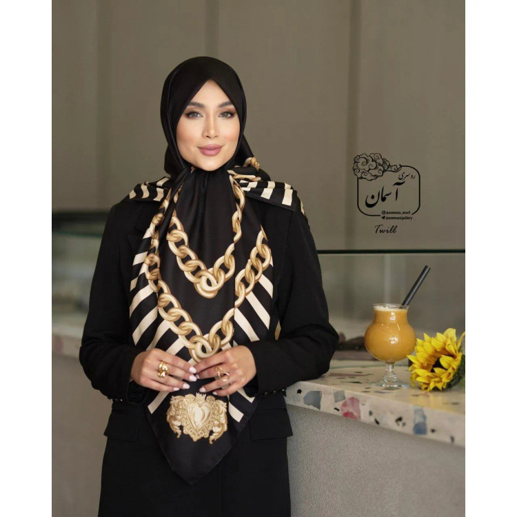 روسری مجلسی ساتن ابریشم طرح طلا قواره 140 توییل