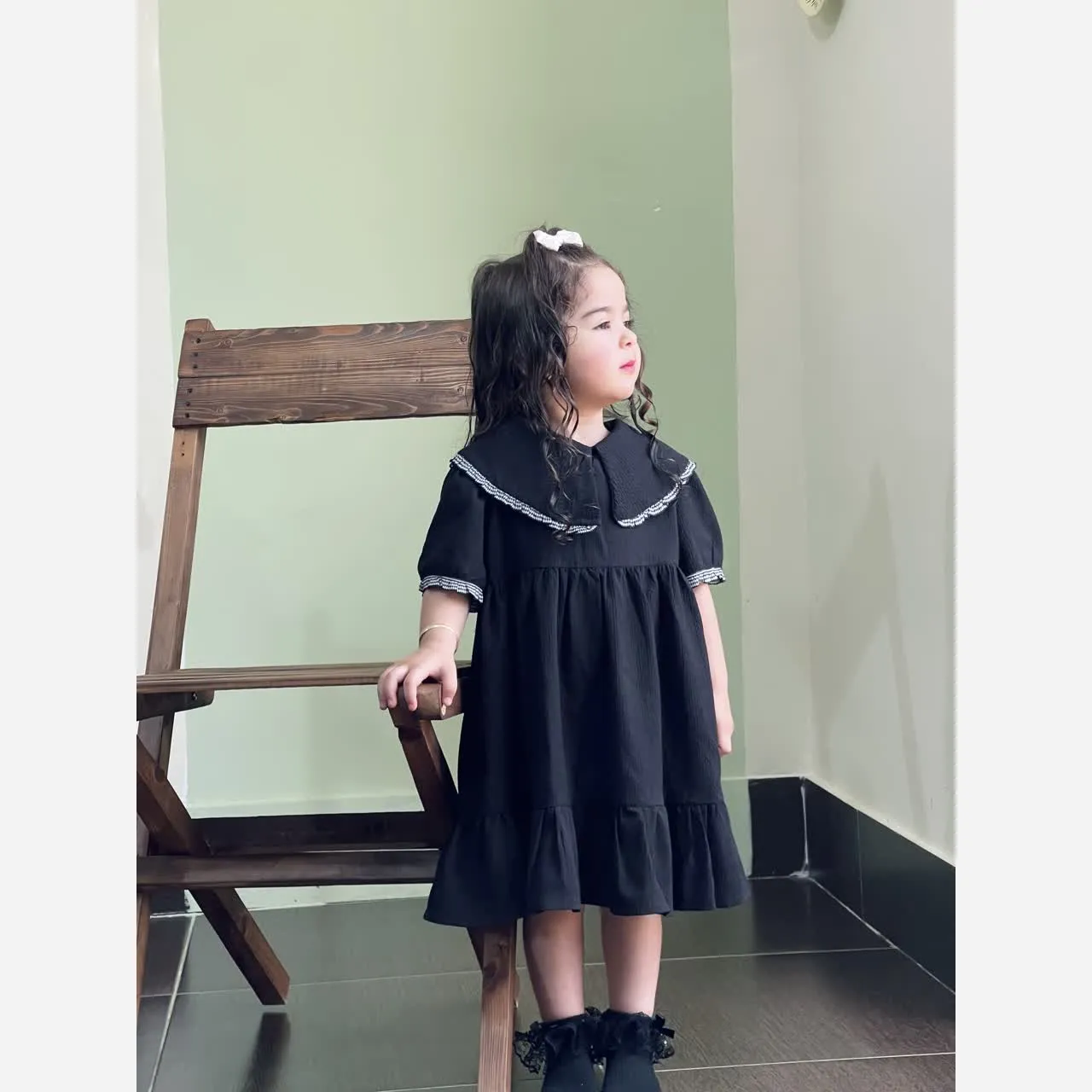 پیراهن عروسکی پفکی مشکی دخترانه مهمونی و بیرونی سایز 2 تا 8 سال